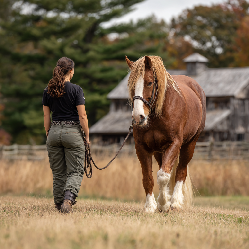 Woman leading a horse on a grassy field