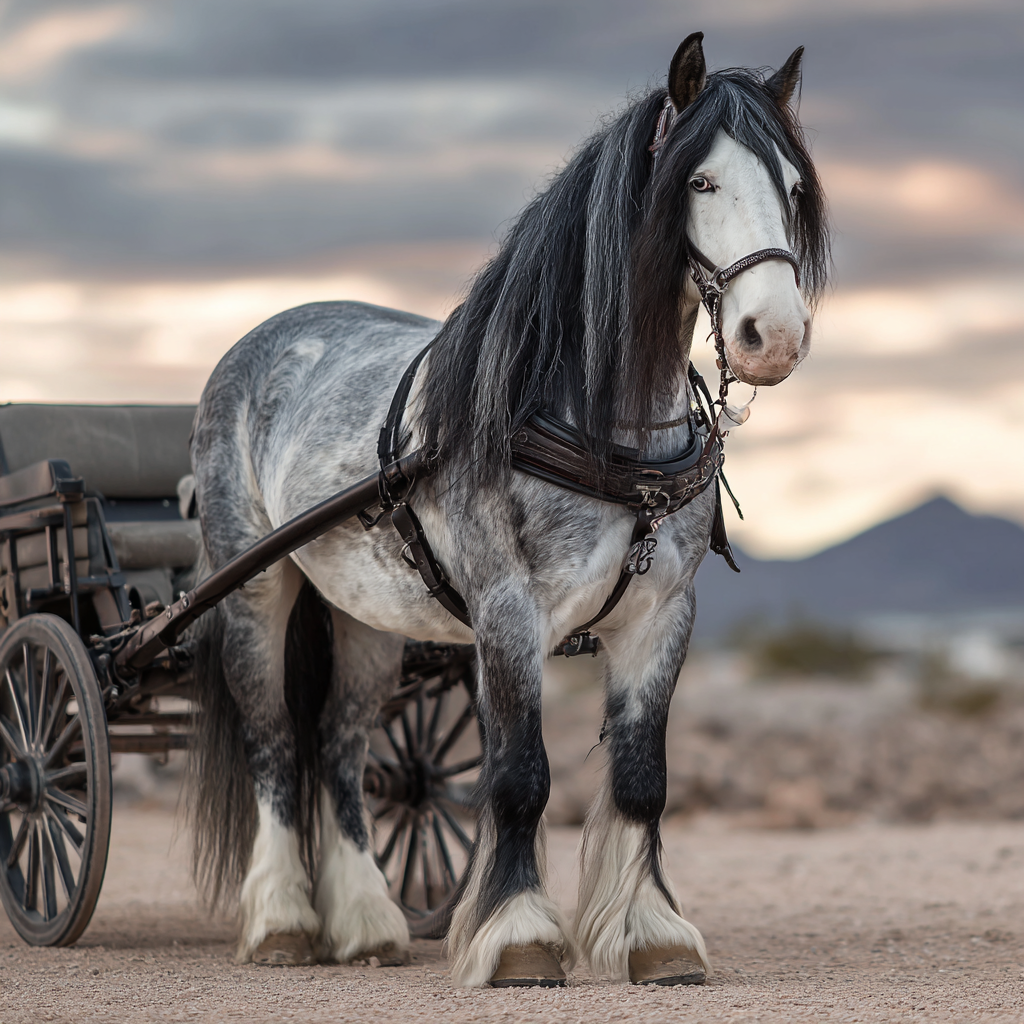 Grey Gypsy Vanner horse harnessed to a wagon in a desert landscape at sunset