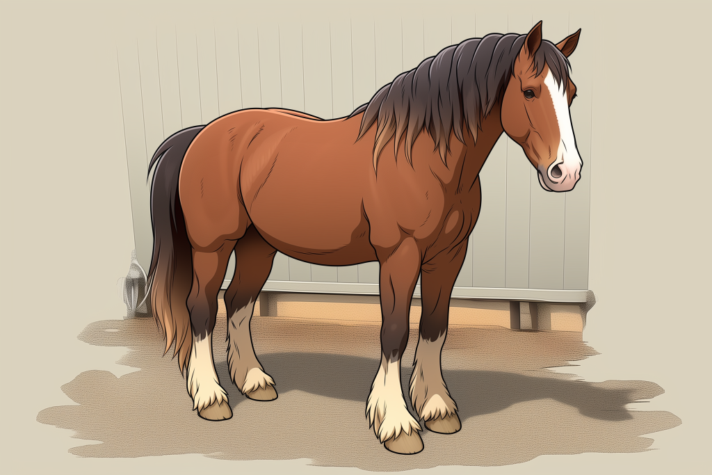 Chestnut horse with a white blaze and white socks standing in front of a wall