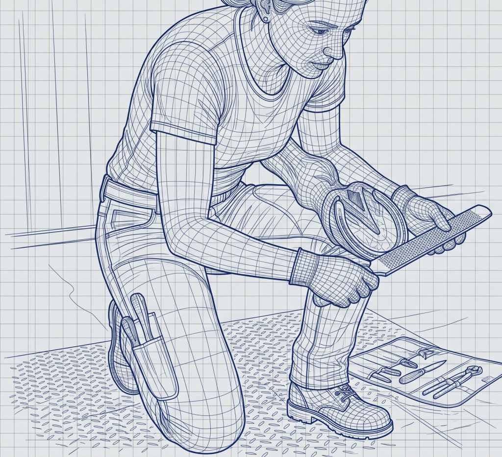 Female kneeling and using a hoof file on a horse hoof