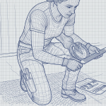 Female kneeling and using a hoof file on a horse hoof