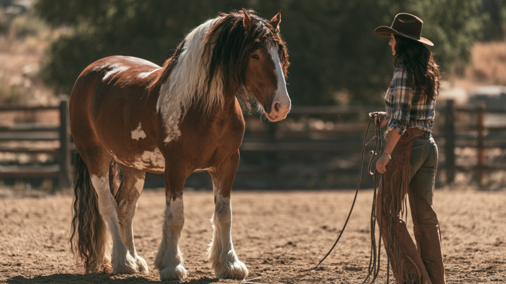 A woman in a cowboy hat holds a lead beside a brown-and-white horse in a fenced paddock