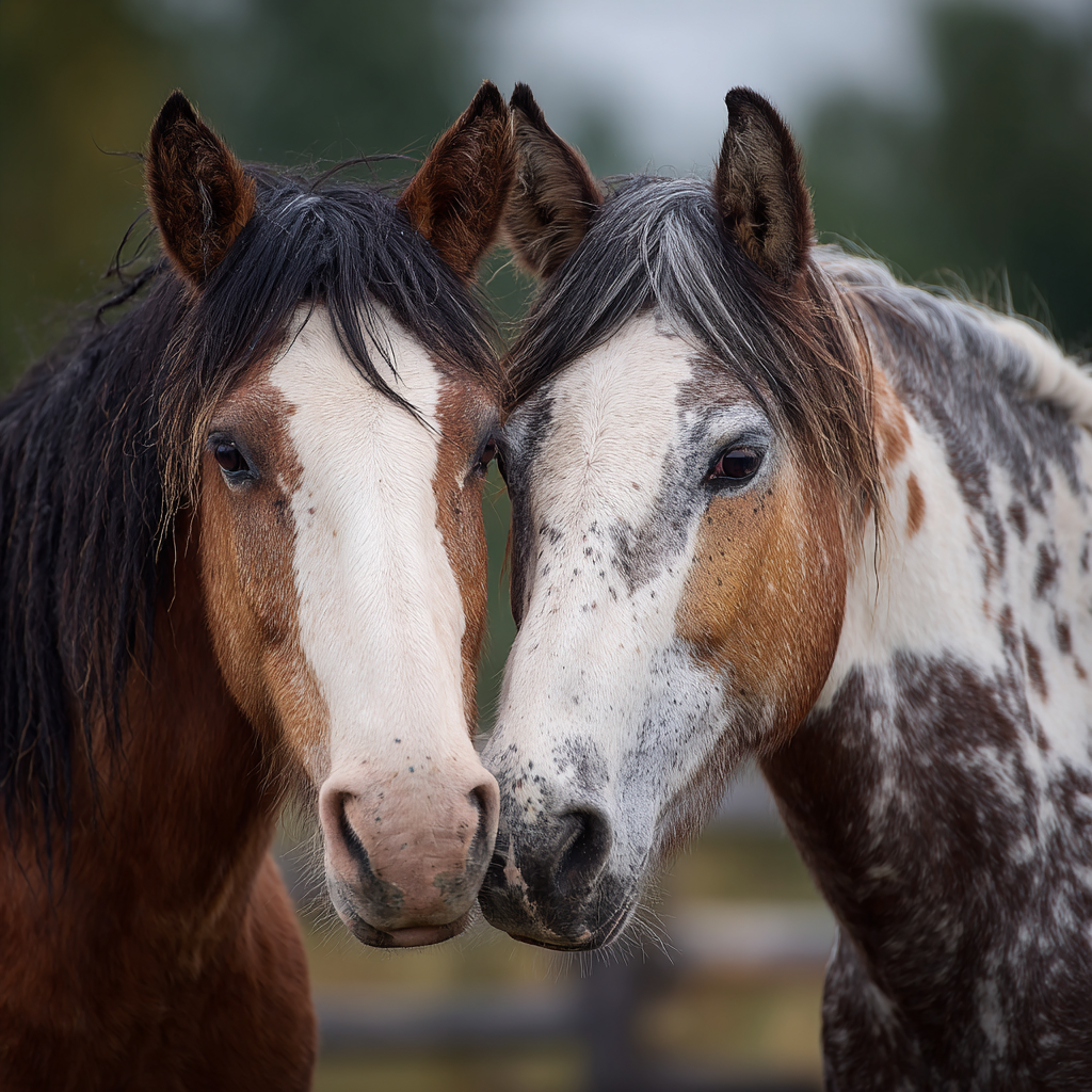 Two horses nuzzling together, one brown and white and one gray and white