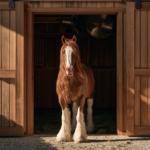 A chestnut horse with a white blaze and feathered legs stands in a barn doorway