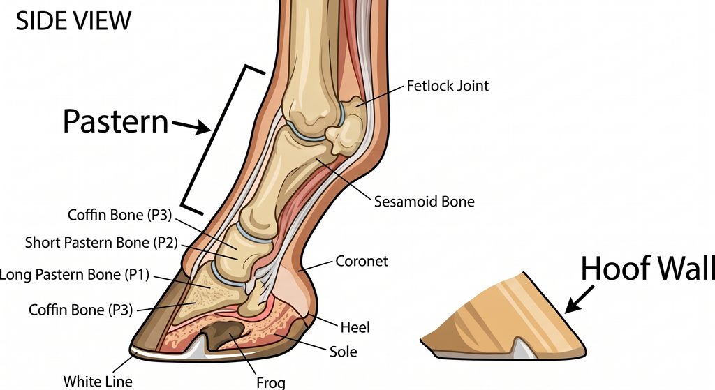 Labeled side-view diagram of horse hoof anatomy, including bones, joints, tendons, hoof wall, sole, frog, and heel