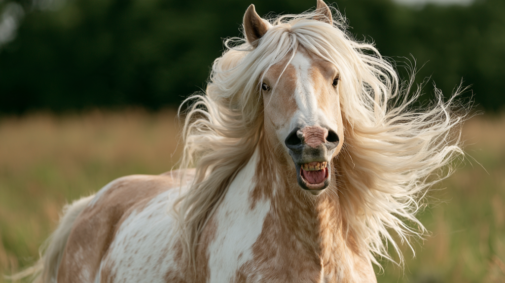 A light-colored Gypsy Vanner horse with a flowing mane stands in a field