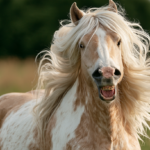A light-colored Gypsy Vanner horse with a flowing mane stands in a field