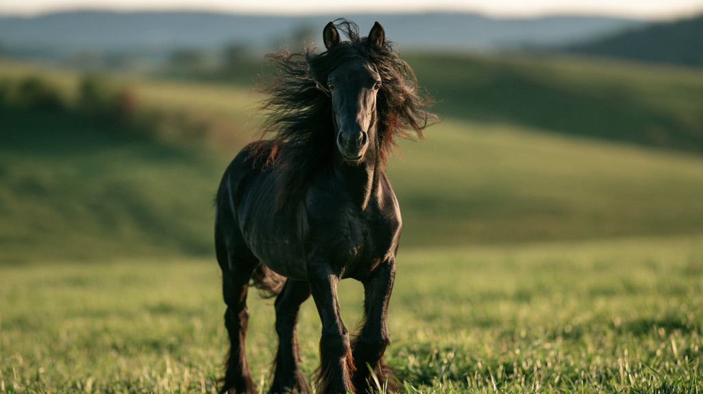 Black Gypsy Vanner horse standing in a sunlit field with rolling hills in the background