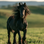 Black Gypsy Vanner horse standing in a sunlit field with rolling hills in the background